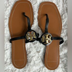 COPY - Tory Burch Mini Miller Black and Gold Leather Thong Sandal—Size 9 1/2